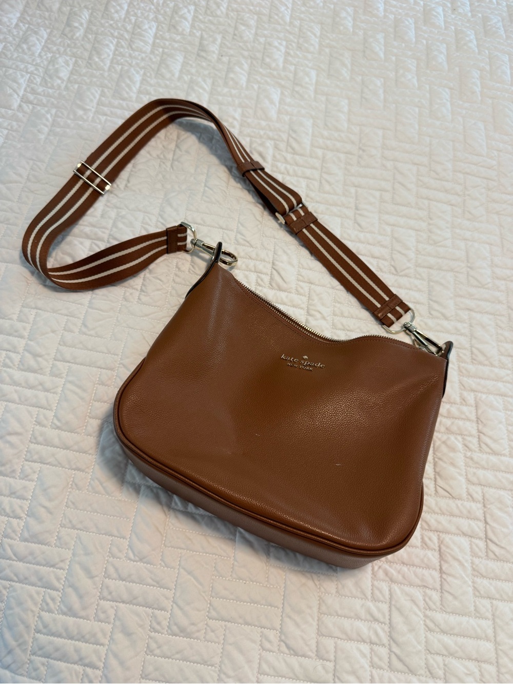 kate spade Brown Leather Crossbody with Striped Webbing Strap